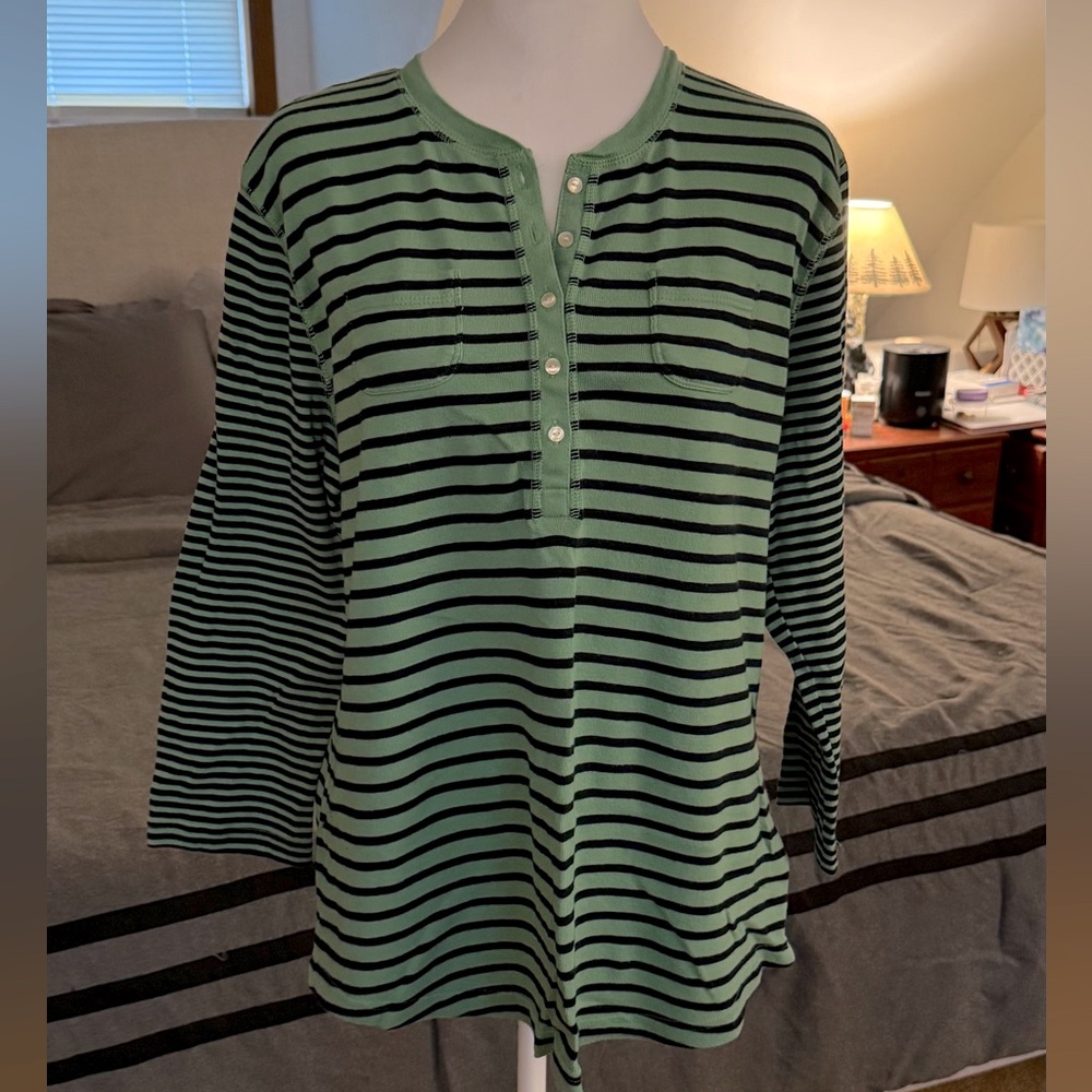 Chaps Green and Black Striped Long Sleeve Top for women - Picture 2 of 9